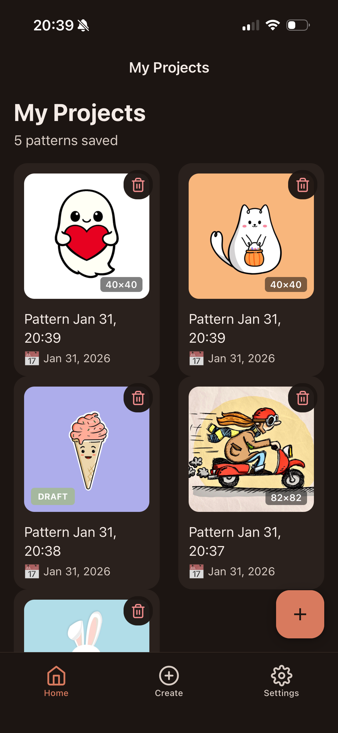 YarnGrid app showing knitting pattern projects